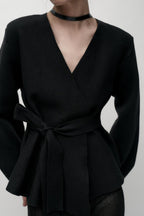 BELTED BLAZER WITH SHOULDER PADS
